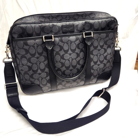 COACH HERITAGE SIGNATURE SLIM ZIP TOP BRIEFCASE  F71168 SILVER/CHARCOAL/BLACK - Picture 1 of 12